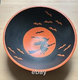 Vintage Lindt Wood Halloween Bowl with Witches And Bats Extremely Rare