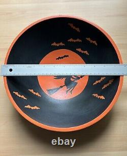 Vintage Lindt Wood Halloween Bowl with Witches And Bats Extremely Rare