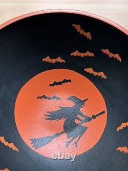 Vintage Lindt Wood Halloween Bowl with Witches And Bats Extremely Rare