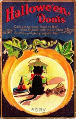 Vintage M. L. Jackson Black Cat, Pumpkin & Witch Hat Halloween Postcard (RARE)
