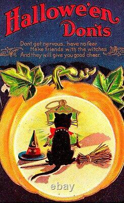 Vintage M. L. Jackson Black Cat, Pumpkin & Witch Hat Halloween Postcard (RARE)