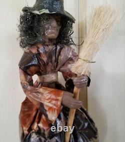 Vintage Paper Mache Flying Witch Broomstick Hanging 14'' Long Rare Halloween