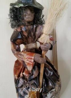 Vintage Paper Mache Flying Witch Broomstick Hanging 14'' Long Rare Halloween
