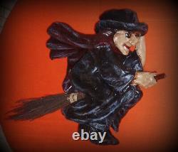 Vintage Paper Mache Halloween Witch On Broomstick 17x15x6 Rare