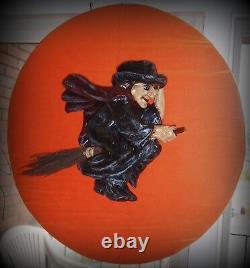 Vintage Paper Mache Halloween Witch On Broomstick 17x15x6 Rare