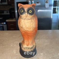 Vintage Paper Mache Pulp Owl Yellow Glass Eyes Rare Halloween 1930s 10.5