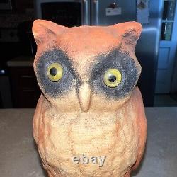 Vintage Paper Mache Pulp Owl Yellow Glass Eyes Rare Halloween 1930s 10.5