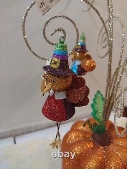 Vintage Pier 1 Imports Glitter Pumpkin Ornament Tree With 7 Rare Ornaments