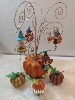 Vintage Pier 1 Imports Glitter Pumpkin Ornament Tree With 7 Rare Ornaments