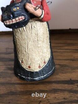 Vintage Poli-Woggs Folk Art Halloween Witch Holding Black Cat pail Rare