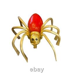 Vintage RARE 1930s Red & Brass Bakelite SPIDER Brooch Pin Halloween Goth Deco