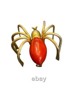 Vintage RARE 1930s Red & Brass Bakelite SPIDER Brooch Pin Halloween Goth Deco