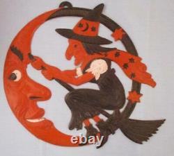 Vintage RARE Halloween German Diecut Crescent Moon Witch on Broom Paper Excellnt
