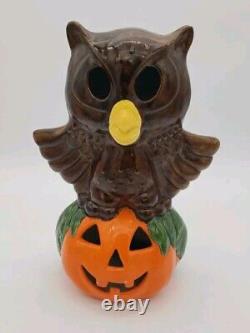 Vintage RARE Halloween Owl on Pumpkin Jack-o-Lantern JOL Tabletop Candle Holder