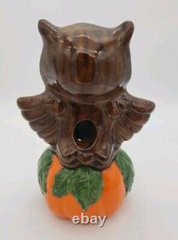 Vintage RARE Halloween Owl on Pumpkin Jack-o-Lantern JOL Tabletop Candle Holder