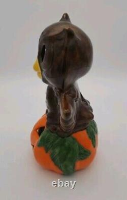 Vintage RARE Halloween Owl on Pumpkin Jack-o-Lantern JOL Tabletop Candle Holder