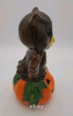 Vintage RARE Halloween Owl on Pumpkin Jack-o-Lantern JOL Tabletop Candle Holder