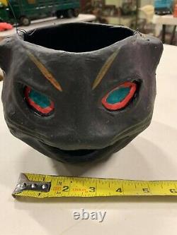 Vintage RARE Halloween Paper Mache Black Cat Candy Jack O Lantern With Insert