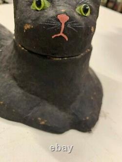 Vintage RARE Halloween Paper Mache Black Cat Glass Eyes Candy Container Jack O L