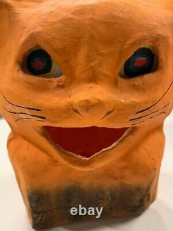 Vintage RARE Halloween Paper Mache Orange Cat Candy Jack O Lantern With Insert
