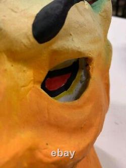 Vintage RARE Halloween Paper Mache Yellow Devil Candy Jack O Lantern With Insert
