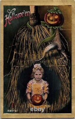 Vintage RPPC Hand Tainted Girl, Pumpkin Man, JOL, Broom Halloween Postcard RARE