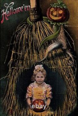 Vintage RPPC Hand Tainted Girl, Pumpkin Man, JOL, Broom Halloween Postcard RARE