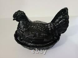 Vintage Rare Atterbury Black Hen On Nest Large Glass Covered Dish