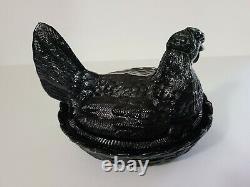 Vintage Rare Atterbury Black Hen On Nest Large Glass Covered Dish