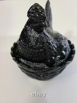 Vintage Rare Atterbury Black Hen On Nest Large Glass Covered Dish