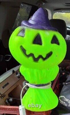 Vintage Rare Green Haystack Pumpkin with Purple witch Hat Halloween Blow Mold