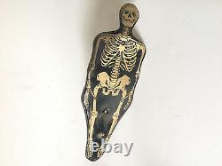 Vintage Rare Halloween Tin Litho Skeleton Noisemaker Rattle US Metal Toy Co