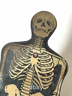 Vintage Rare Halloween Tin Litho Skeleton Noisemaker Rattle US Metal Toy Co