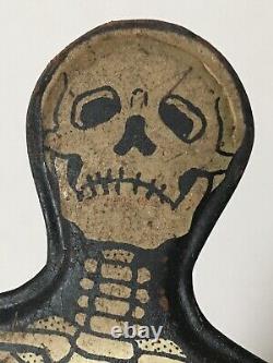 Vintage Rare Halloween Tin Litho Skeleton Noisemaker Rattle US Metal Toy Co