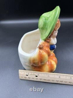 Vintage Relpo Halloween Fall Planter A1999 Barefoot Girl Sitting Pumpkins Rare