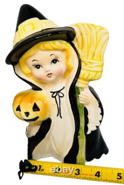 Vintage Relpo Halloween Planter A1904 Witch Little Girl Pumpkin Broom Label Rare