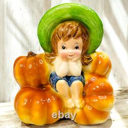 Vintage Relpo Halloween Planter A1991 Barefoot Girl Sitting Pumpkins Rare READ