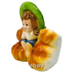 Vintage Relpo Halloween Planter A1991 Barefoot Girl Sitting Pumpkins Rare READ