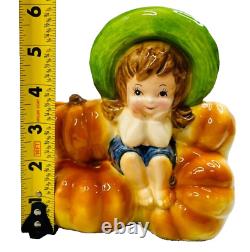 Vintage Relpo Halloween Planter A1991 Barefoot Girl Sitting Pumpkins Rare READ