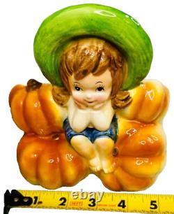 Vintage Relpo Halloween Planter A1991 Barefoot Girl Sitting Pumpkins Rare READ