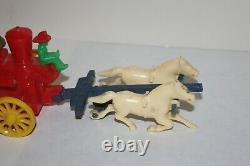 Vintage Rosbro Horse Pull Fire Truck plastic toy + firemen & bell RARE works