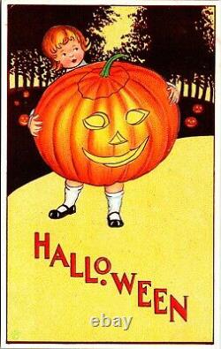 Vintage Stecher Little Girl with Giant JOL & Pumpkins Halloween Postcard (RARE)