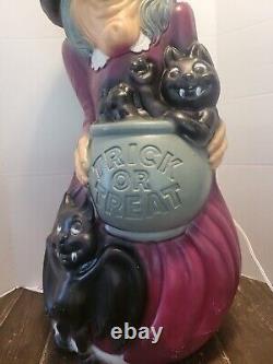 Vintage Witch Trick or Treat Blow Mold with Black Cat and Bat Works! Rare