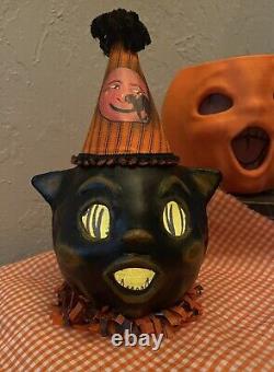 Vintage style Paper Mache Lantern Halloween Black Cat Handmade Folk Art