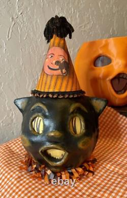 Vintage style Paper Mache Lantern Halloween Black Cat Handmade Folk Art
