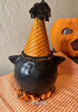 Vintage style Paper Mache Lantern Halloween Black Cat Handmade Folk Art
