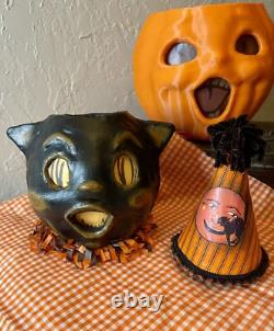 Vintage style Paper Mache Lantern Halloween Black Cat Handmade Folk Art
