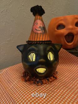Vintage style Paper Mache Lantern Halloween Black Cat Handmade Folk Art