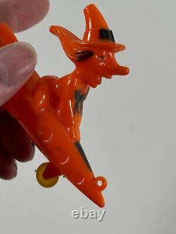 Vtg 1950s Rosen Rosbro RARE Flying Witch on a Rocket Black Cat toy Halloween