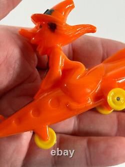 Vtg 1950s Rosen Rosbro RARE Flying Witch on a Rocket Black Cat toy Halloween